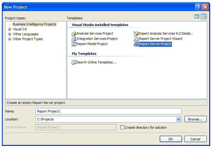 sql server create new report server project